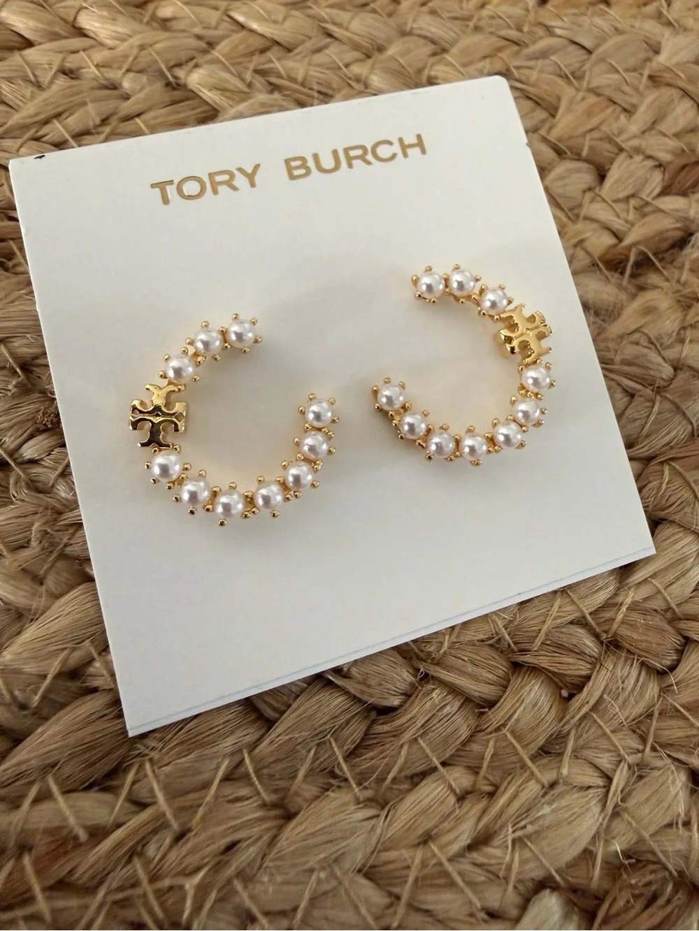 Tory Burch Gold Hoop Earrings with Pearls and Logo Accents